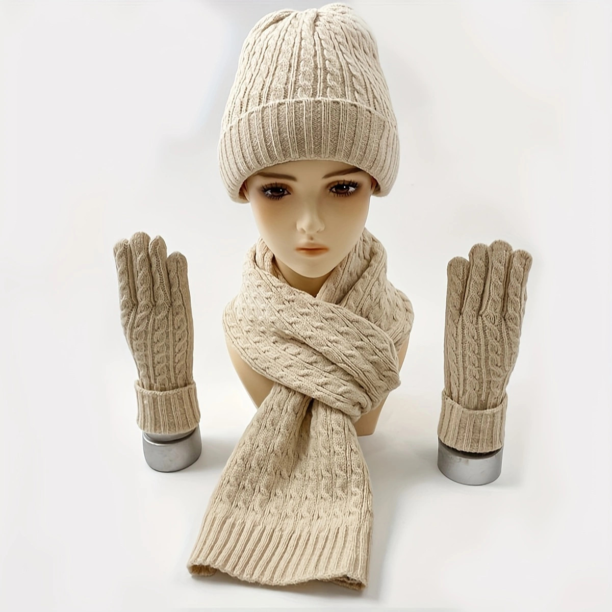 Winter European and American Fashion New Knitted Mask Hat Scarf One piece Women's Thickened Warm Autumn and Winter Solid Color Three piece Set
