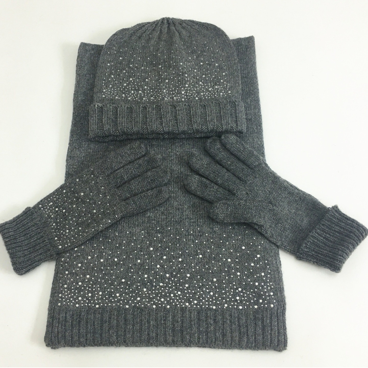 New European and American fashion three piece set with hot drilling for autumn and winter warmth hat scarf glove set factory direct sales