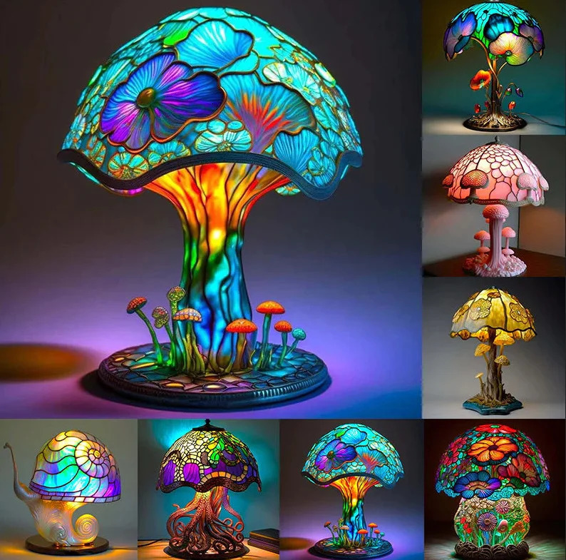 Vintage Stained Glass Mushroom Table Lamp Plant Series Snail Octopus Creative Colorful Bedroom Flowers Retro Night Light 241127