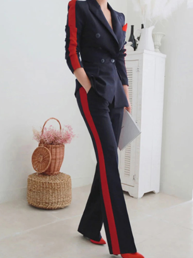 Formal 2 Pieces Outfits Elegant Women Mujer Temperament Double Breasted Slim Outwear Blazer Suit Long Pants Trouser Suits Sets 241126