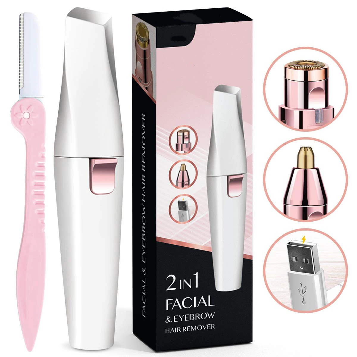 Eyebrow Trimmer 2 in1 USB Rechargeable Facial Hair Remover For Women with Built in LED Light-Remove For Facial Hair 241128
