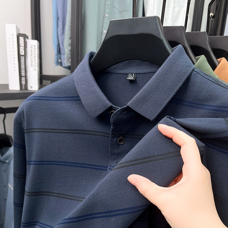 Cotton Men's Long-sleeved T-shirt Spring Autumn Casual Lapel Striped Polo Shirt Loose Washed Bottoming Tshirt Plus Size XXXL Tops Tees