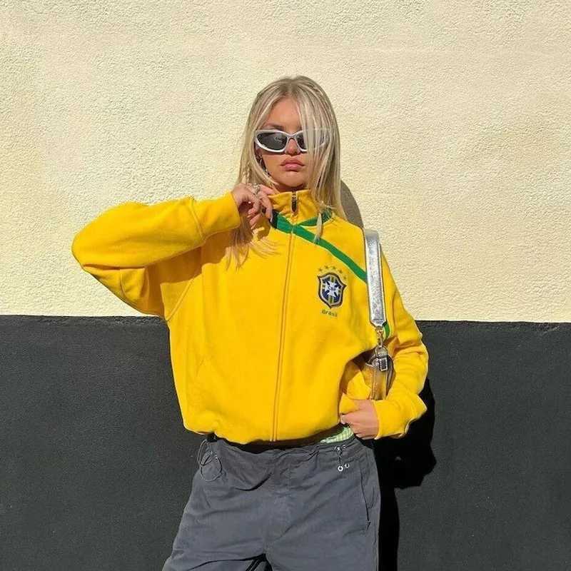 Y2k Winter Vintage New American Fashion Brazil Embroidery Zip Up Hoodies Women Casual Loose Warm Sweatshirt Harajuku Jacket CoatC241225