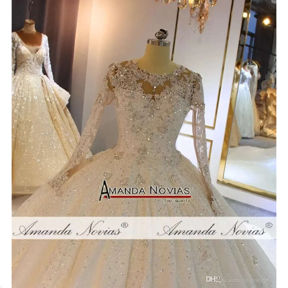 Crystal Neck Made Custom High Lace Ball Wedding Dresses Muslim Long Sleeves Open Back Plus Size Bridal Gown Vestidos De Noiva
