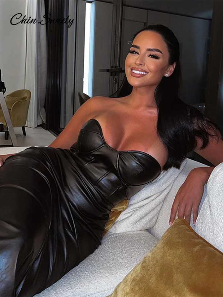Sexy Bury Pu Leather Maxi Dresses Women Strapless Backless Bandage Sveless Pleated Hip Package Party Dress New Split RobeX241128