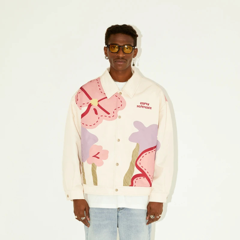 Flower Print Denim Jacket Men Women Fashion Loose Harajuku Couple Coat Autumn Y2k Japanese Street Hip Hop Cowboy Jackets 240415