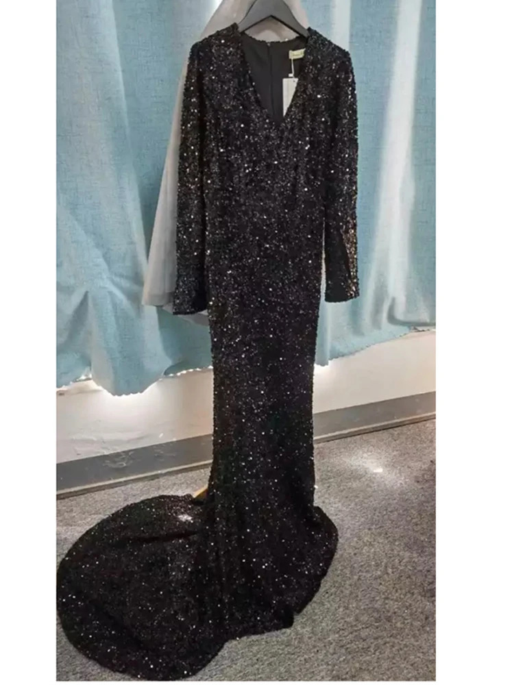 Partysix Womens Gray V-Neck Sequin Maxi - Long Sleeve Elegant Evening Party Dress with Trailing Skirt C260312
