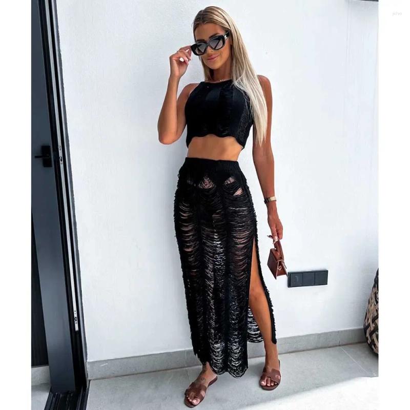Cover-ups Knitted Sexy See Through Tassel Beach Cover Summer Camisole Blouse Bodycon Skirt Two-piece Set Hollow Out Dress