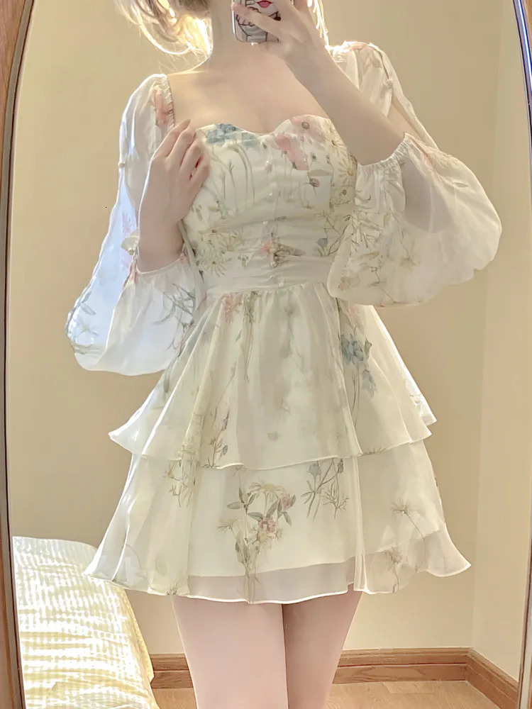 French Elegant Floral Mini Dress Chiffon Long Sleeve Evening Party Dress Women Holiday Beach Boho Fairy Dress Korean Robes 240415