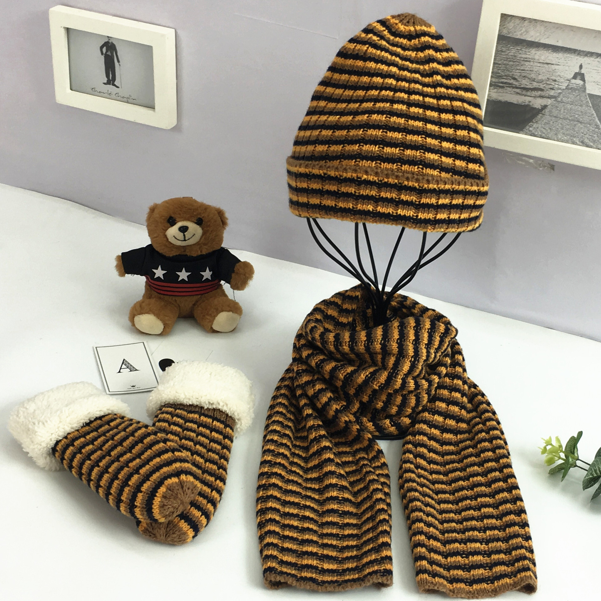 Scarf Hat Glove 3-piece Set Winter Children's Scarf Hat Glove Set Stripe 3-piece Set In Stock