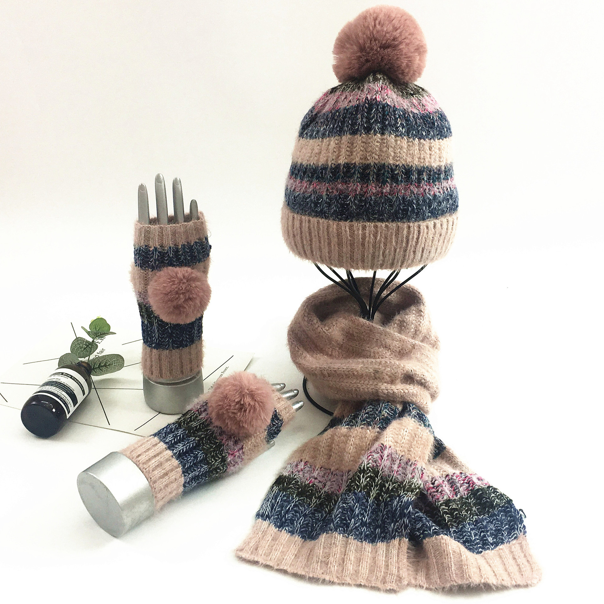 European and American autumn and winter fashion knitted striped three piece set versatile and warm pullover woolen hat scarf glove set