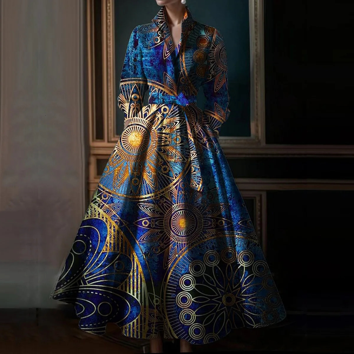 Elegant Floral Printing Maxi Dresses Multicolor Turndown Collar Long Sleeve Cotton Dress Party Wedding Evening 241126