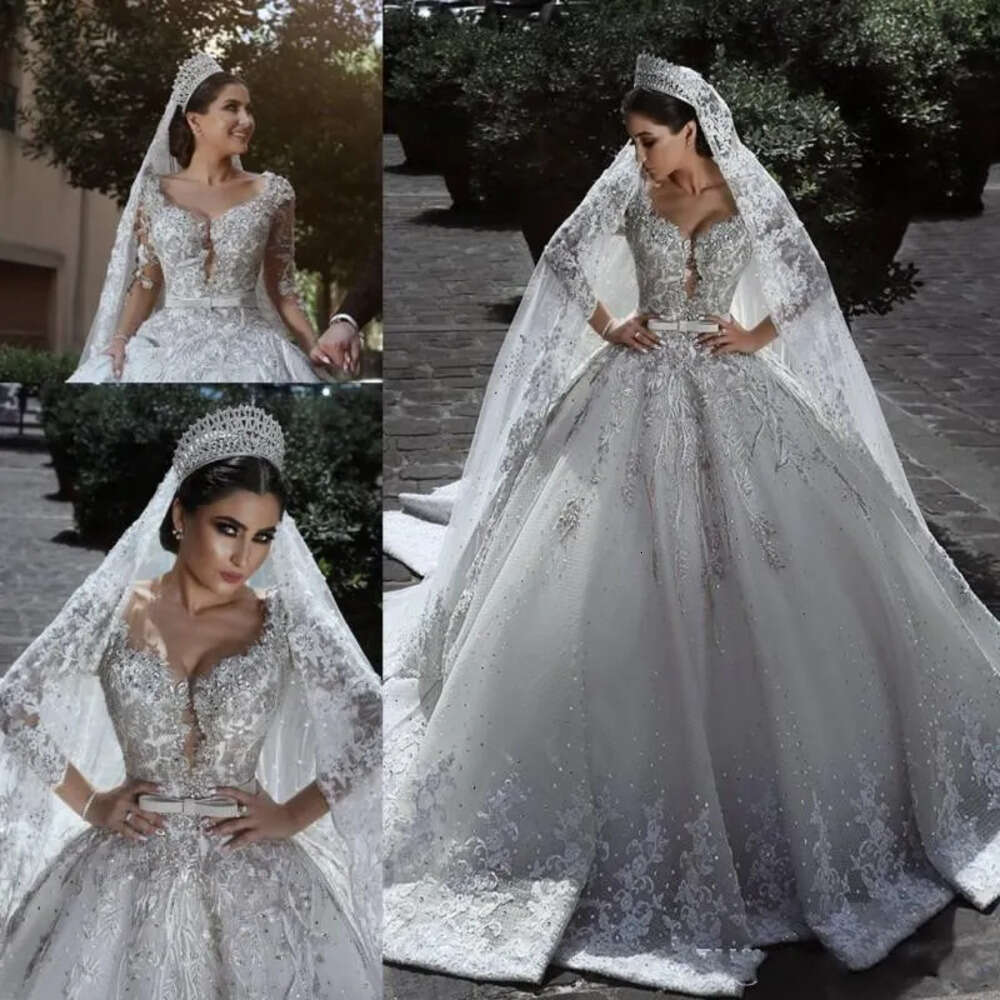 Gown Wedding Ball Dresses Arabic Glamorous Long Sleeves Tulle Beaded Sequins Appliques Corset Bridal Gowns Ba S