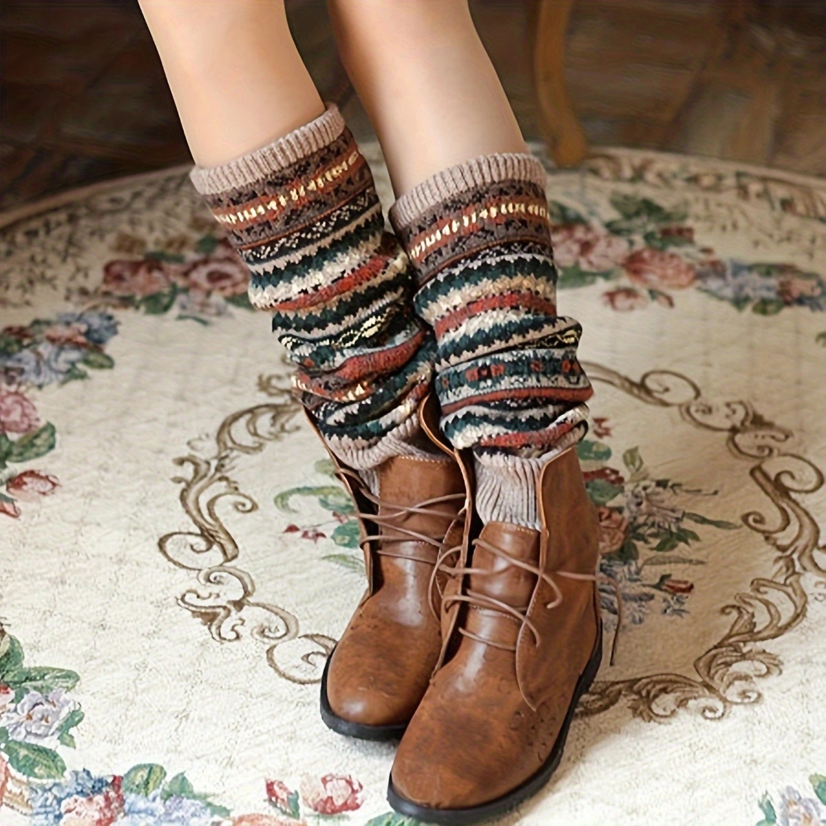 Autumn and winter fluorescent camouflage bohemian thick yarn pile sock covers for women over the knee warm boot covers leg guards