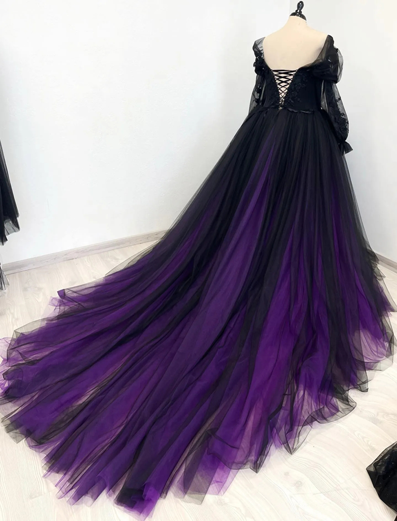 Gothic Wedding Dresses Black And Purple A Line Plus Size Bridal Gowns Lace Appliques Off Shoulder Long Sleeves Tulle Long Train Bride DRess