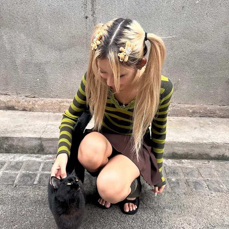 Karrram Japanese Y2k Green Striped Pullover Vintage 2000s Style Lace Knitted Tops Harajuku Fairycore V-neck Slim Sweater Elegant 241127