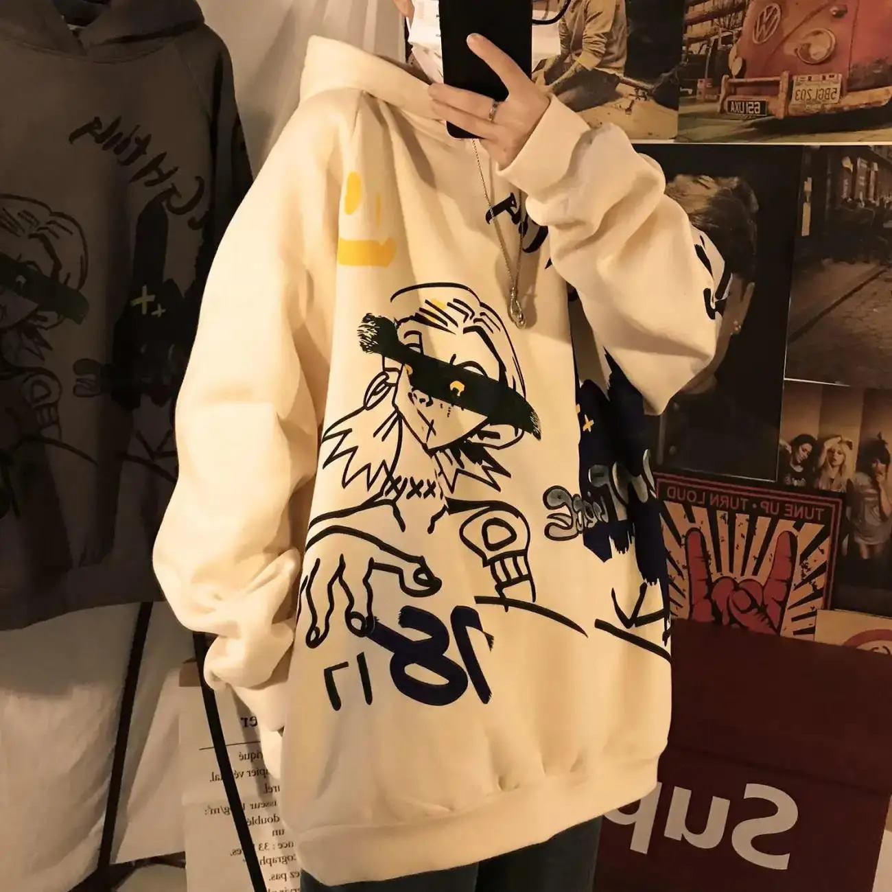 Mens Hoodie Loose Printed Wool Graffiti Mens Hip Hop Harajuku Fashion Funny Top Y2k Clothing Welcome to Trade 241127