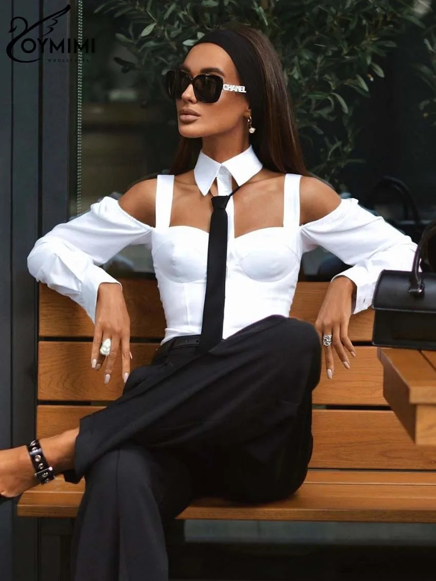Oymimi Fashion White Collar Womens Shirt Elegant Long Sleeve Shoulder Shirt Casual Sliding Button Womens Clothing 241128