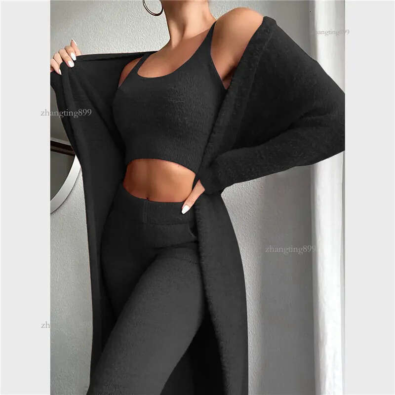 Women's Tracksuits 3pcsSet Lounge Wear Tracksuit Autumn Winter Outfits Cardigan Velvet Crop Top Long Sleeve Coat High Waist Pants Set 230131