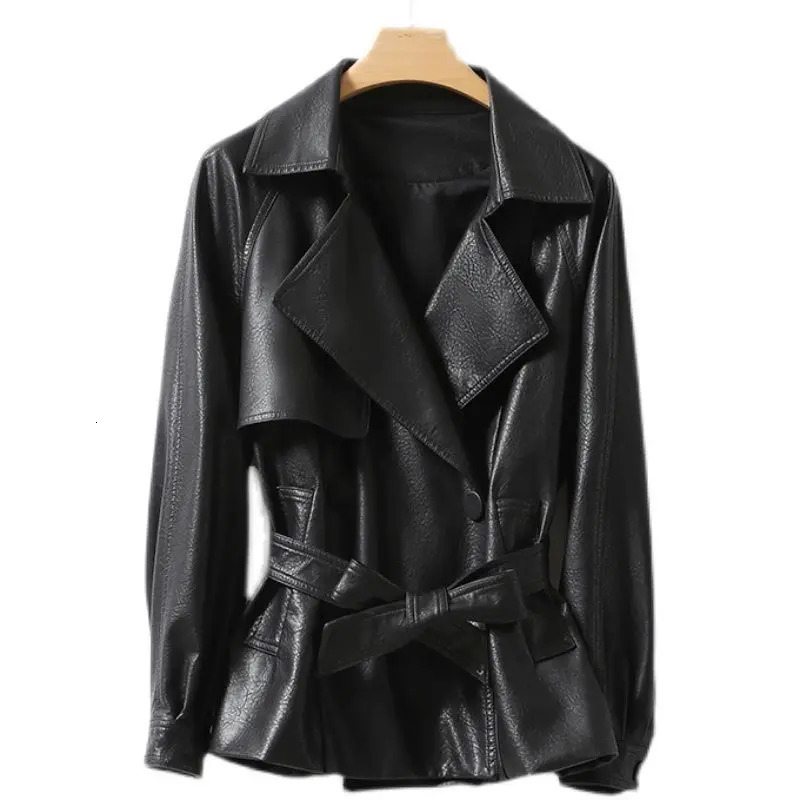 Fashion leather jacket for women with loose waist strap spring/summer black casual and fashionable 241128