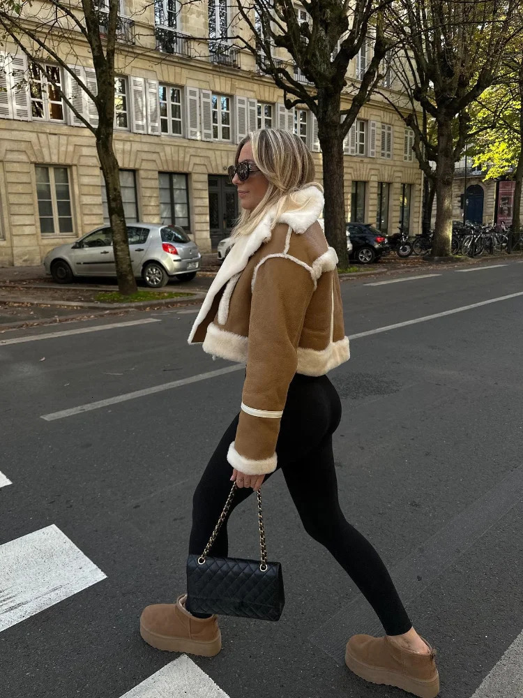 Elegant womens soft fur patch work suede coat fashionable lapel zipper cutting jacket autumn and winter womens warm commuting street jacket 241128