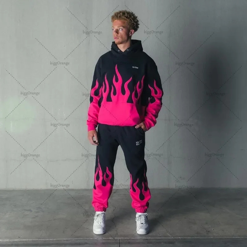 Retro retro casual oversized sportswear womens colorful Harajuku trend Y2K streetwear hip-hop punk flame print hoodie mens 241127