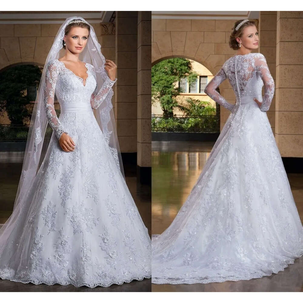 White Pure Spring New Lace A Line Wedding Dresses Plunging Neckline See Through Back Long Sleeves Bridal Gowns Vestido De Noiva Manga