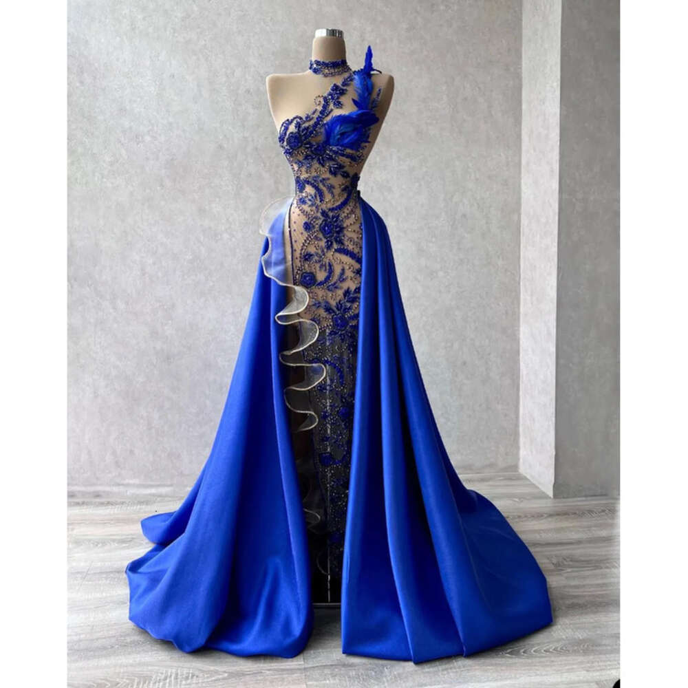 Crystals Sheer Blue Feathers Exquisite Prom Beads Neck Party Dresses Illusion With Overskirts Custom Made Evening Dress 6660312