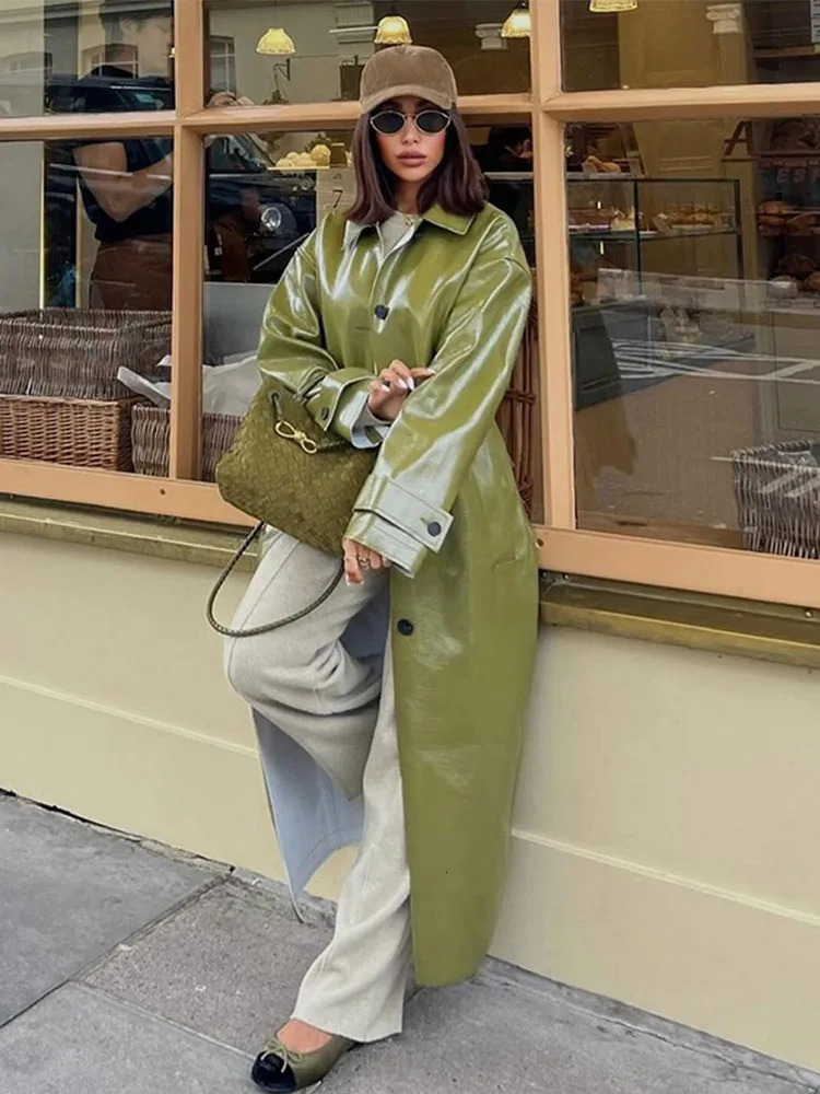 PU Leather Fashion Split Long Coat Women Single Breasted Loose Turndown Collar Pocket Street 2024 Autumn Outwear Green Jacket 241125