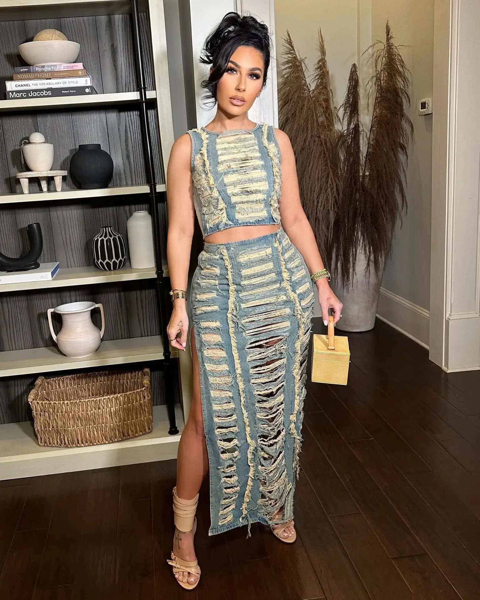 DRC Women Hollow Ripped Hipster Vintage Tank TopsLong Skirts Streetwear Matching Outfits Denim Sexy Hollow 2 Piece Set 241127