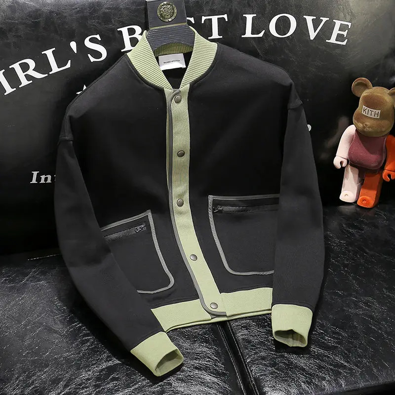 Mens contrasting color stand up collar jacket with high-end splicing Korean version mens youth jacket 241127