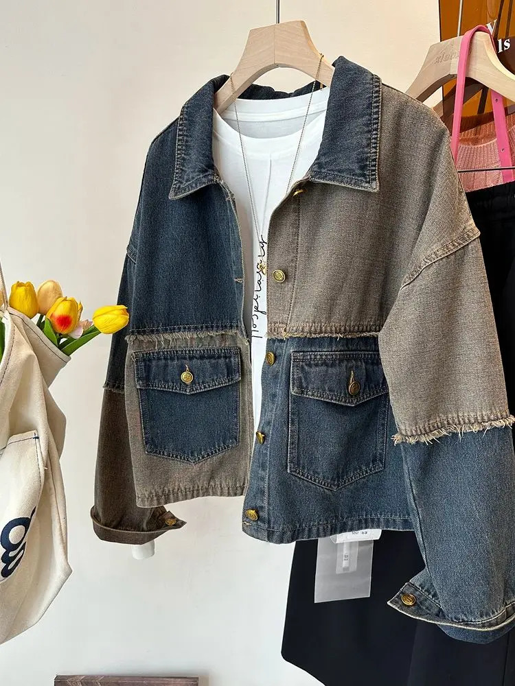 Fashionable retro jacket patch work contrasting color original edge long sleeved denim jacket casual loose fully matched womens clothing 241125