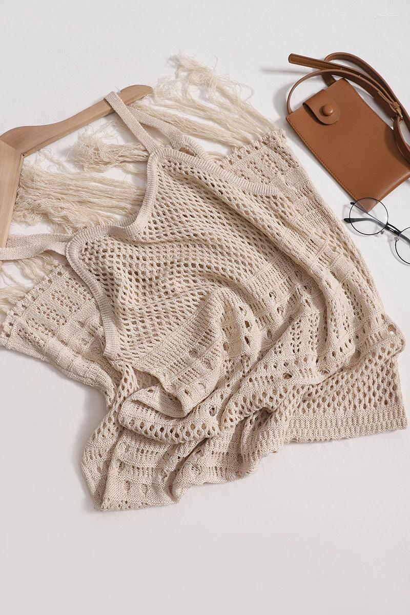 Casual Dresses Summer Knitted Hollow Out Camis Long Dress Girls Elegant Solid Silm Tassel Hemline For Women