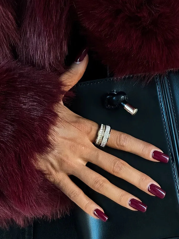 Vintage Burgundy collar long sleeved short sleeved warm jacket elegant solid color loose faux fur leather jacket womens street jacket 241128