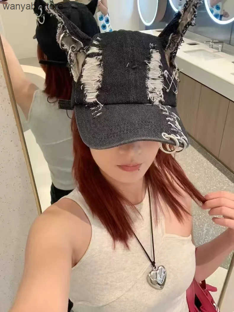 Beanie/Skull Caps Garbage style y2k Doberman dog ear wash denim baseball cap dark tie punk personality street hat tide L240910