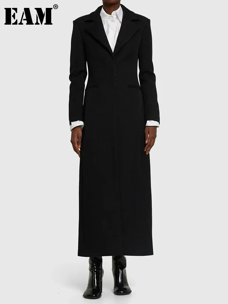 EAM black ankle long wool jacket lapel long sleeved button up womens jacket fashionable trend winter 31A0992 241127