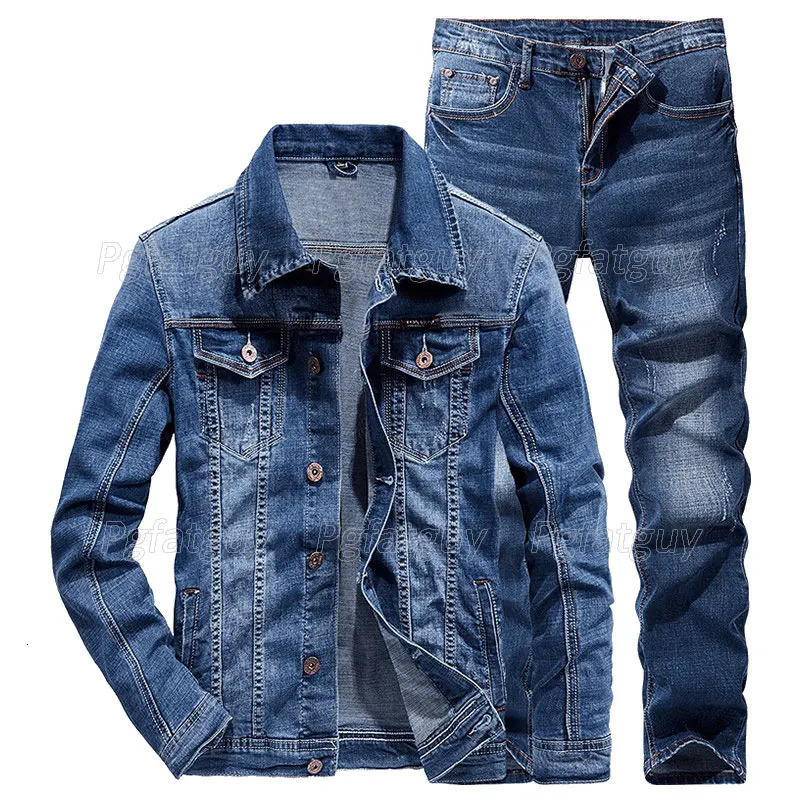 Mens simple slim fit elastic denim suit long sleeved jacket and pants business casual denim suit spring day outfit 2 pieces 241209
