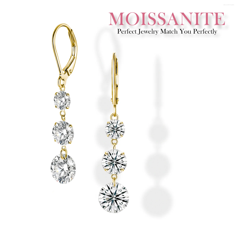 Dangle Earrings 7 Ctw Gold-Plated Moissanite Drop - S925 Silver With Triple Sparkling Stones Elegant And Timeless Design