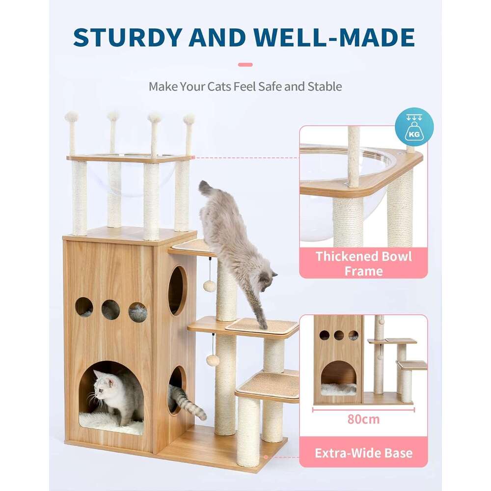 Made4Pets Modern Tree Large Cat, Wood Tower Heavy Duty with Scratch Post for Indoor Big Cats, Extra Tall Cat Condo Sturdy Frisco Castlel, 3-7days deli