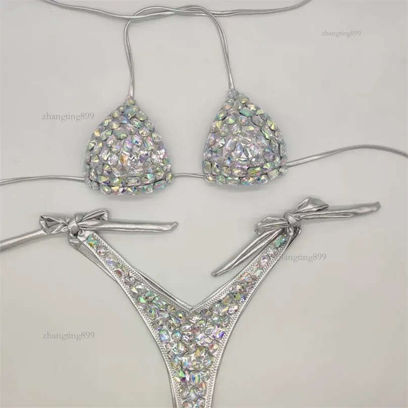 vacation style diamond bikini set bandage open swimwear push up bling stones swimsuit sexy women swim 210611