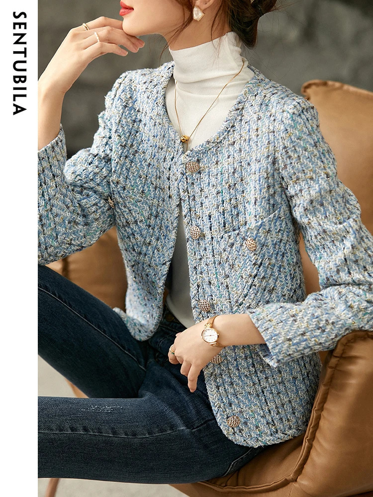 SENTUBILA Cropped Tweed Jacket for Women Autumn Elegant Fashion Outerwear O-Neck Short Coat Womens 143W56772X 241125