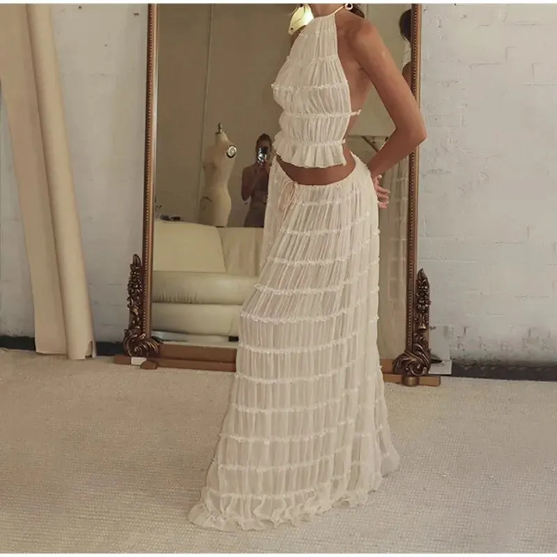 Elegant White Sleeveless Backless Hang Neck Style Tops And Long Skirts Two Piece Set For Women Summer Party Beach Outfit 240423