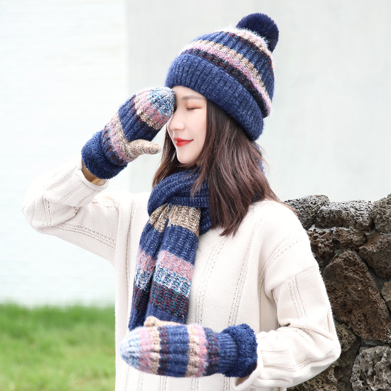 European and American autumn and winter fashion knitted striped three piece set versatile and warm pullover woolen hat scarf glove set