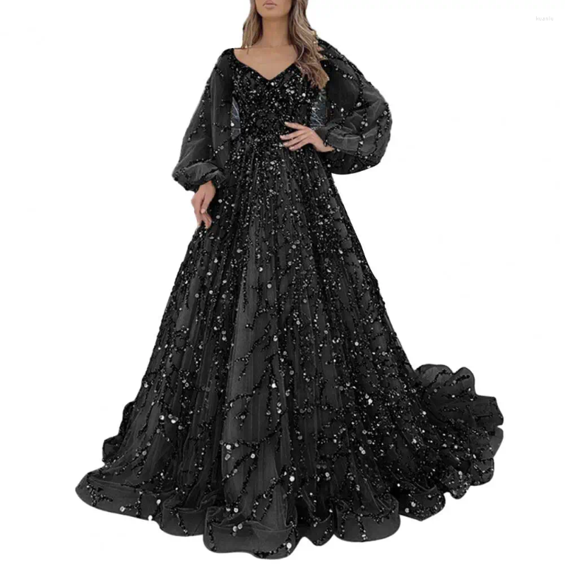Casual Dresses Women Slim-fitting Dress Elegant V Neck Sequin Evening Gown With Lantern Sleeves Beading A-line Floor Length Cocktail For