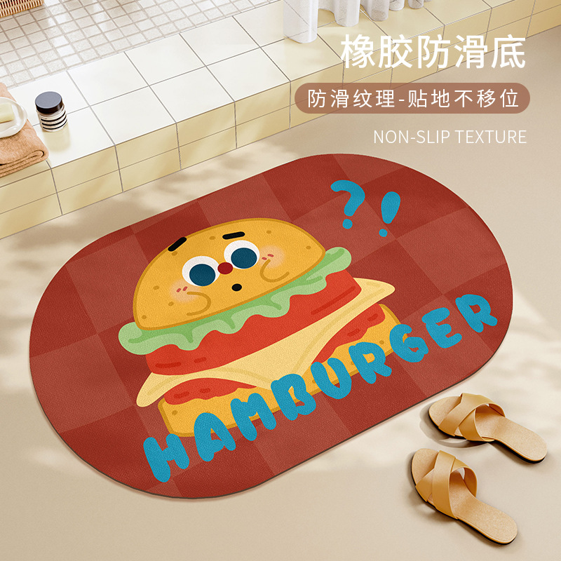Toilet door absorbent floor mat with hamburger sushi pattern, bathroom floor mat, household foot mat