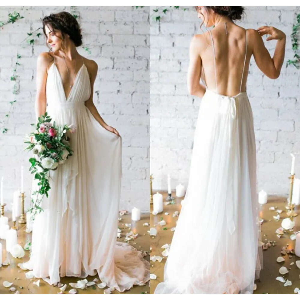 V Neck Deep Sweep Simple Train Wedding Dresses With Straps Sex Flow Chiffon Backless Beach Bridal Gowns