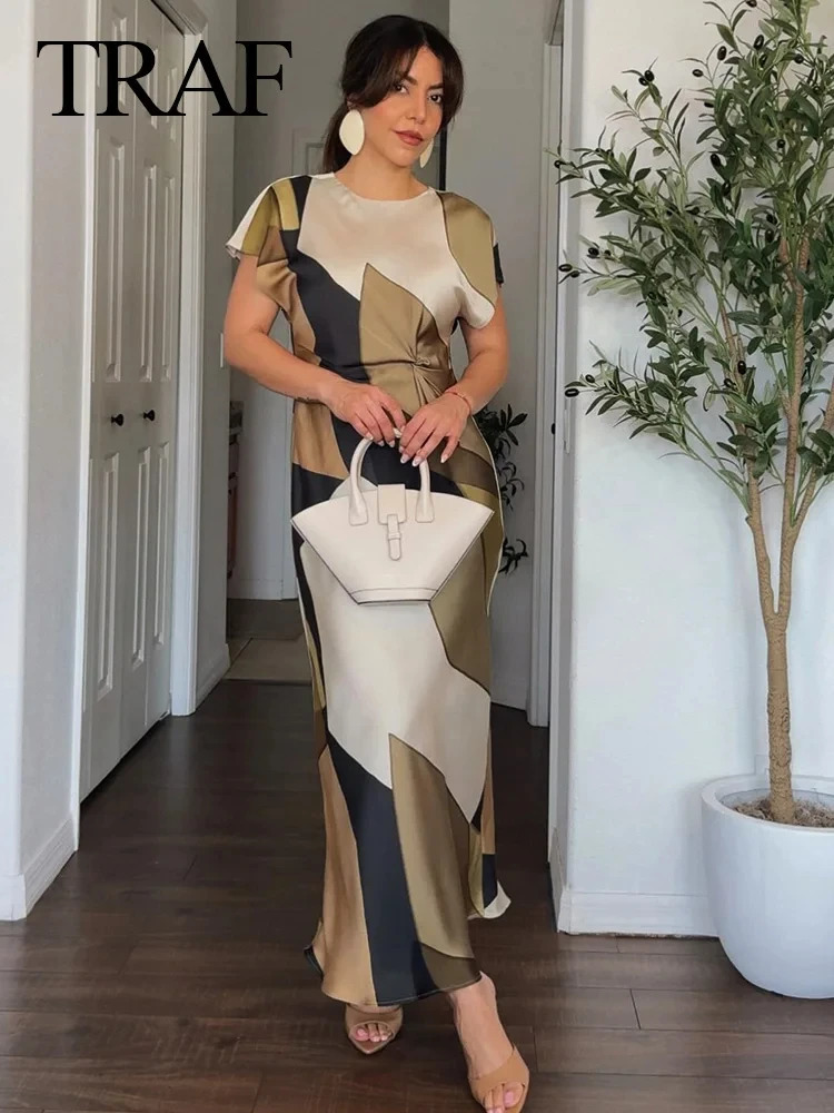 TRAF 2024 Summer Woman Fashion Vinatge Green Printed Long Dress A Line Sleeveless X Shape Midi Dresses For Indie Folk Style 240422