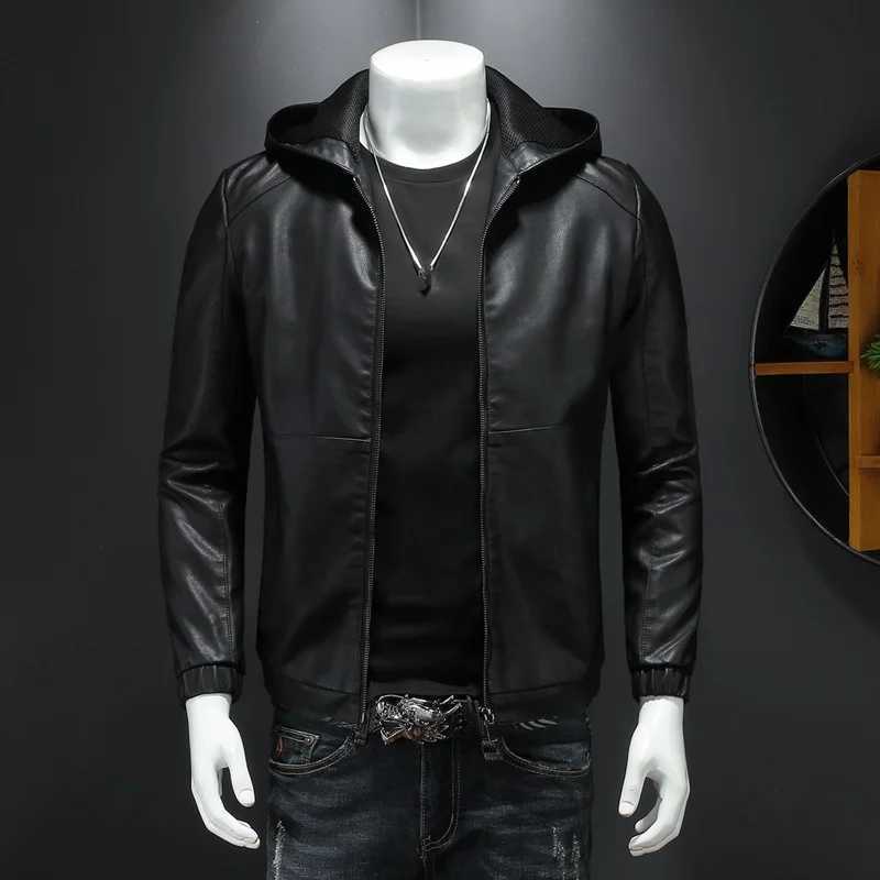 Fashion Autumn Mens Hoodie Pu Leather Jacket Fashion Black Motorcycle Leather Jacket High Quality Casual Street Zipper Jacket Mens Y251124