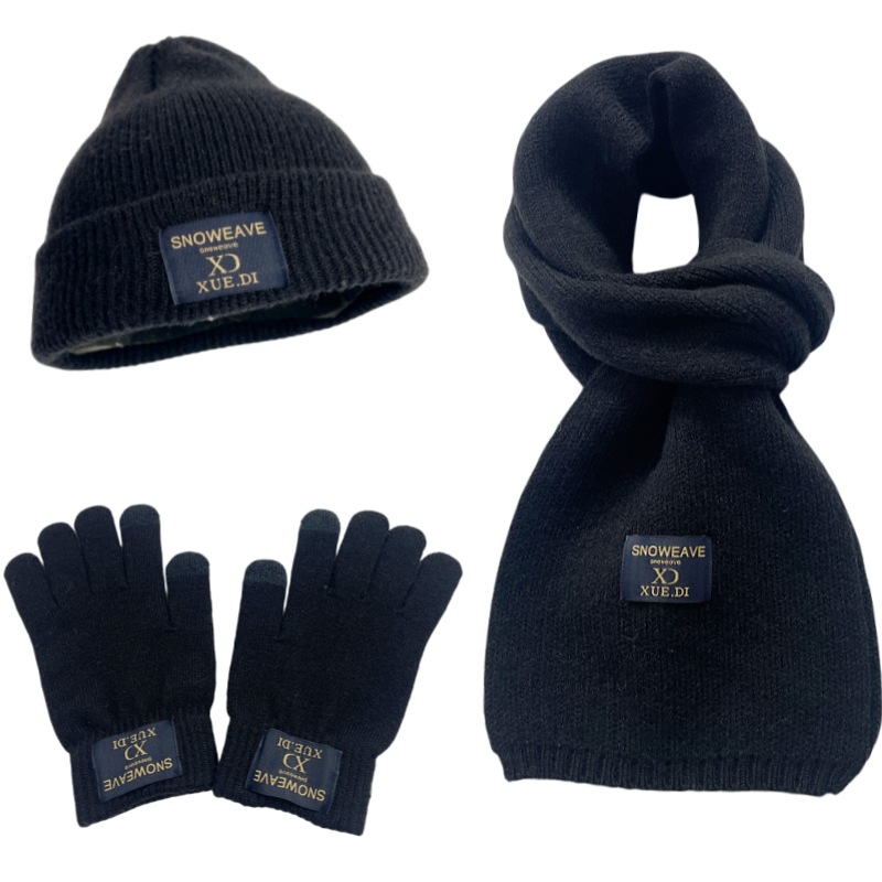 European and American autumn and winter women's knitted three piece set solid color warm and velvet yarn hat scarf glove set touch screen