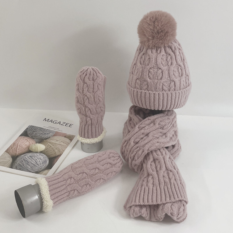 Winter hat for women with thick velvet and warm wool ball knitted wool hat scarf gloves three piece set windproof sleeve headband hat